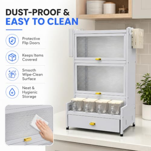 Image of Kitchen Storage Cabinet | Kitchen Cabinet with 2 Layer Kitchen Organiser, Drawer, 4 Storage Boxes & Side Holders | Dustproof Space Saving Carbon Steel Shelf | White 41 CM, Pack of 1