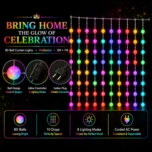 Image of Gesto Ball Curtain Fairy Lights for Decoration - 80 Led String Lights with 8 Modes Changer | Multicolor Decorative Lights for Home Decor, Room,Wall, Balcony, Christmas & Diwali Decoration- 10x3 Ft