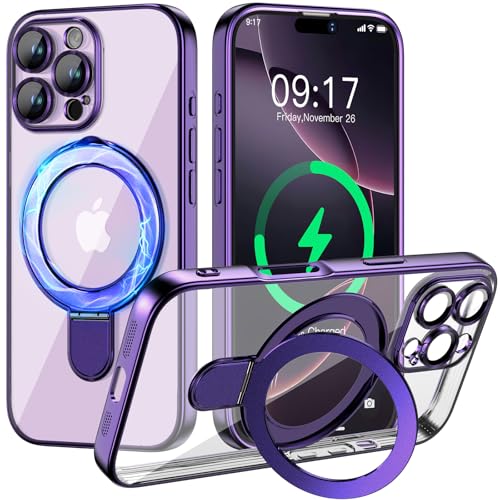 Image of Magnetic for iPhone 16 Pro Max Case with Invisible Stand[Compatible with MagSafe][Full Camera Lens Protector][Military Drop Protection] Shockproof Not Yellowing Clear Slim Soft for Women Men