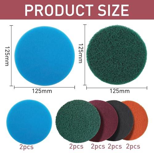 JaneYi 10 Stück Klett Schleifvlies 125mm Set - 8 Schleifpads mit 2 Polierschwämme Schleifschwamm Poliervlies 125mm Klett für Holz Metall Rundschleifer und Exzenterschleifer