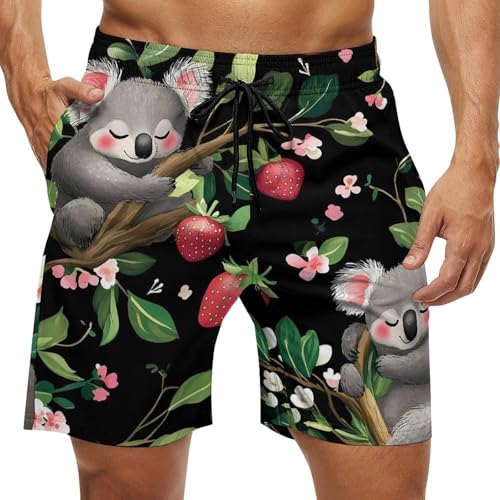 Cute Strawberry Koala Mens Swim Trunks Quick Dry Board Shorts Beach Swimwear Bathing Suits