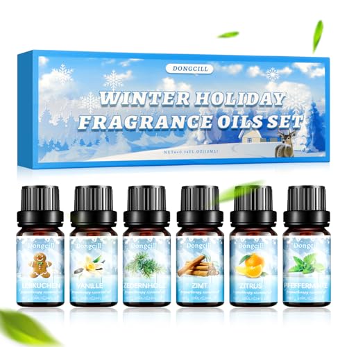 Oli Essenziali per Diffusori, Set di Oli Essenziali Invernali, Olii essenziali Naturali Puri, Set Regalo per Diffusori, Menta Piperita, Cinnamon, Vaniglia, Cedro, Agrumi, Pan di Zenzero