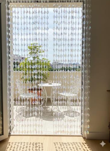 Image of Pomp & Romp Iridescent Crystal Beaded String Curtain, Decorative Door Window Divider with Rainbow Effect Acrylic Beads
