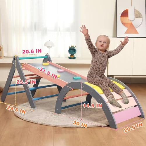 Image of Pikler Triangle Set with Cushion, 7 in 1 Toddler Climbing Toys Indoor, Montessori Foldable Climbing Set, Wooden Climbing Toys for Toddlers Inside with Ramp, Arch and Ladder (Rainbow with Blue)