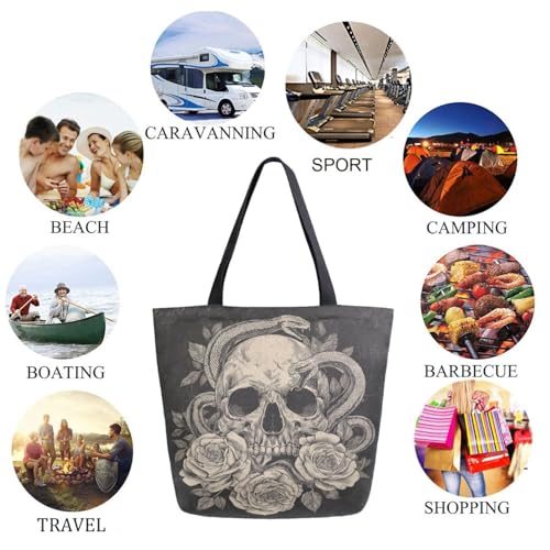 Skull in Roses Snakes Dark Extra Large Canvas Gym Shoulder Tote,Durable Reusable Daily Top Handle Bag for Mens Womens Yoga Weekender Picnic Beach Travel Market Shopping2