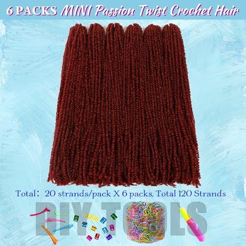 Mini Passion Twist Crochet Hair for Black Women-18 Inches 6 Packs Pure Burgundy Pre Twisted Elastic and Cuttable Hair Extensions,Braided by Soft Synthetic Twist Bohemian Curl(18"-6P,BUG#)
