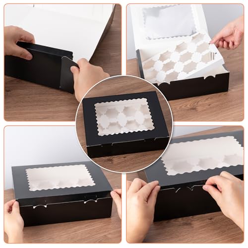Image of Hoewina 12PCS Cupcake Boxes - Hold 12 Count Cupcake Containers with Window, Food Grade Cupcake Holder Easy Transport and Presentation - Ideal for Cupcakes, Desserts, and More (Black)