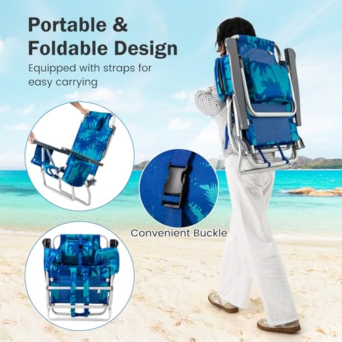 Image of Giantex Folding Beach Chair, Patio Sling Chairs with 5 Adjustable Position, Head Pillow, Storage Bag, Towel Bar, Cup Holders, Backpack Chairs for Sunbathing, Camping Chair