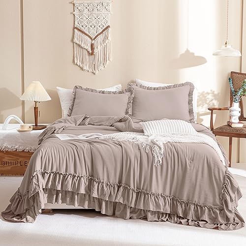 Image of QSH Ruffled Comforter Set Queen Size, 3pcs Taupe Shabby Boho Chic Bedding Comforter Sets, Ultra Soft Farmhouse Lightweight Microfiber Inner Fill Bed Comforter Set