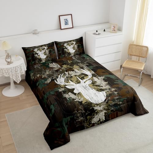 Image of Feelyou Kids Camo Deer Bedding Set King Size, Deer Hunting Comforter Set Green Camo Comforter for Boys Girls Antlers Duvet Insert Microfiber Bed Set