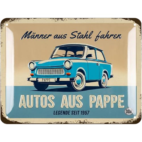 LANOLU Blechschild TRABANT, DDR Geschenke für Männer, Trabi Geschenke, Ossi DDR Produkte Haushalt passend für DDR Geschenkbox 15x20 cm