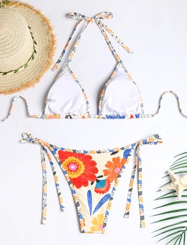 Image of ZAFUL Womens Printed Triangle Bikinis 2 Piece Halter Bikini Sets High Cut Bathing Suit Side Tie Swimsuits