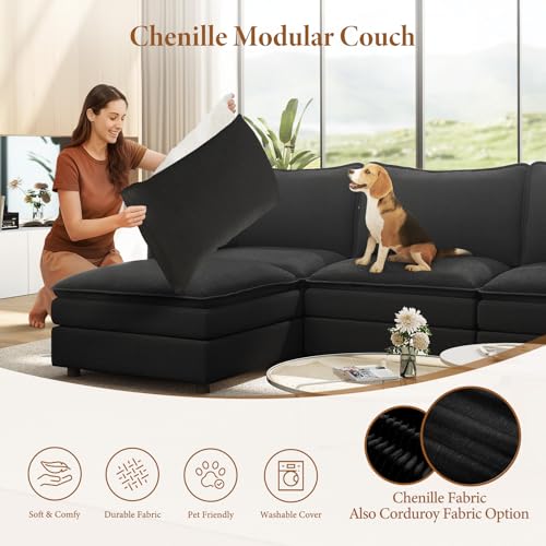 Image of Vesgantti 5 Seat 108 inch U-Shape Cloud Sofa Sectional with Ottoman, Deep Seat Chenille Modern Cloud Couch, Modular Sofas for Living Room, Bedroom and Apartment, Black