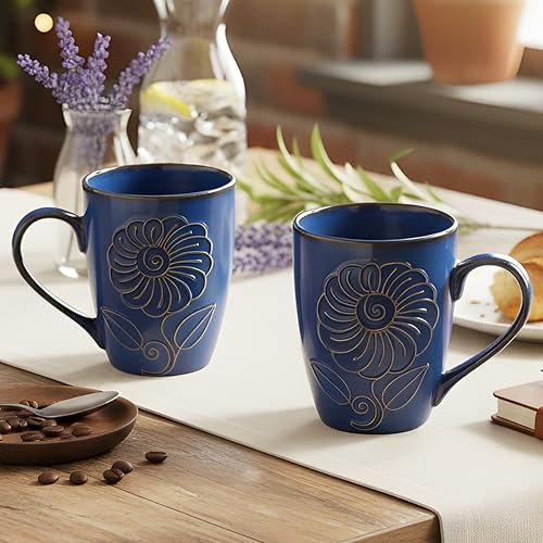 Image of KITTENS Handcrafted Blue Floral Ceramic Coffee Mugs Set of 4 - 330 ml Studio Finish Tea & Coffee Cups, Microwave & Dishwasher Safe - Premium Gift for Housewarming & Special Occasions