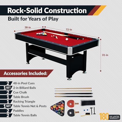 Hathaway Spartan 6 Ft Pool Table, with Ping Pong Multi Game Combo Tables for Family Recreation Game Rooms - Includes Billiard Balls, Cues, Paddles, Brush & More - Image 4