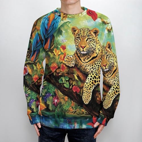Tropical Forests Parrots and Leopard Men's Crew Neck Sweater Knit Pullover Women Casual Long Sleeve Crewneck Loose Fit Top4