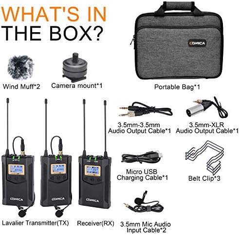 Wireless Lavalier Microphone, with Carrying Bag,Comica CVM-WM100 PLUS UHF 48 Channels Dual Lapel Microphone System for DSLR Cameras, XLR Camcorder, Phone, Lav Mic for Interview Youtube Video Shotting
