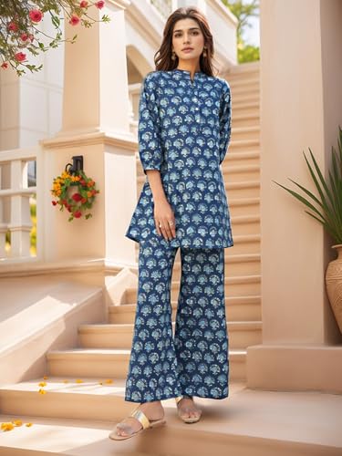 Image of NAINVISH Women's Floral Rayon Blend Co-ord Set | Straight Mandarin Collar Full Sleeve Top & Pant | Elegant Maroon, Blue Style | Ideal for Casual, Lunch, Evening Outings | Ladies Matching Outfit
