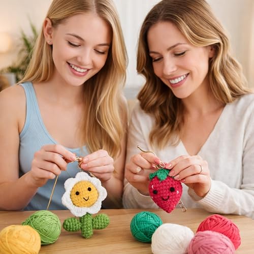 Image of HOUSE CREATIVITY Crochet Keychain Kit for Beginners, Make 2 Strawberry & Sunflower Charms, Crochet Kits with Video Tutorial, Complete Set with Yarn, Hook & Keyring, Cozy Stress Relief Gift for Adults