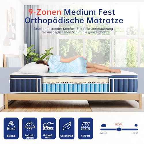 TeQsli Gel Federkernmatratze 90x200 cm Höhe 25 cm Gel Memory Schaum Taschenfederkernmatratze für Druckentlastung, Orthopädische & Ergonomische 9-Zonen Matratze H3, Öko-Tex & CertiPUR Zertifiziert