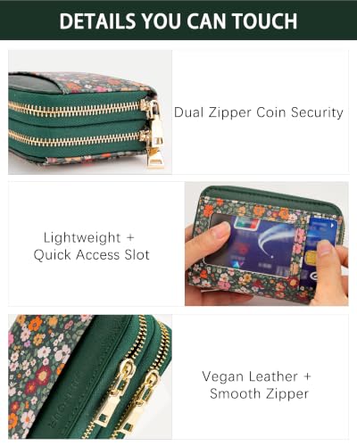 Image of Green Floral Credit Card Holder for Women,Accordion Wallet | RFID Blocking Card Wallet, Vegan Leather with Wristlet, dual independent zipper compartments,17 Card Slots