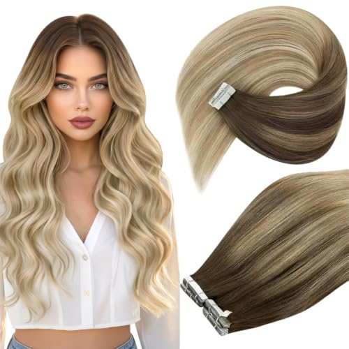 Image of Ve Sunny Hair Tape in Hair Extensions Human Hair 20Inch | Dark Golden Blonde Highlight Platinum Blonde,50g 20Pcs,Silky Straight,for Daily Wear