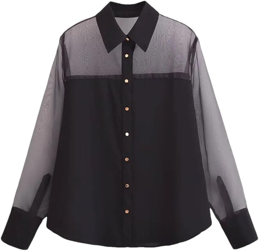 Women's Organza Patchwork Long Sleeve Lapel Shirt
