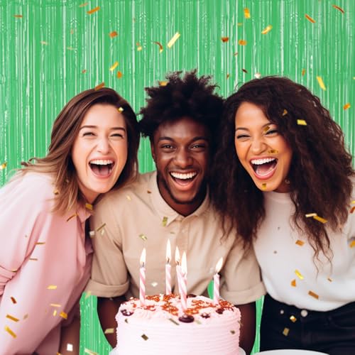 Image of DECOCKRAT 3 Pack Foil Fringe Backdrop - Pastel Light Green Shiny Tinsel Curtains for Party Decoration /Photo Booth Props - 3.3x8.2 FT Metallic Foil Backdrop for Birthday, Wedding, Graduation, Christmas