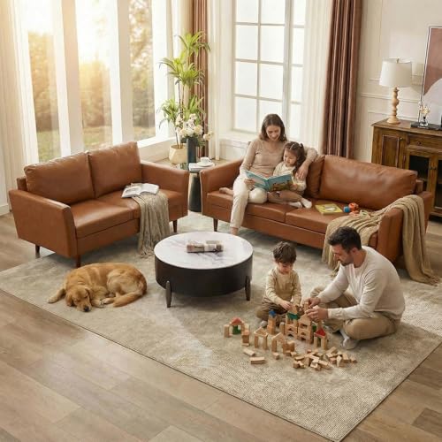 Image of Kingfun 2 Piece Faux Leather Sofa Set, Mid Century Modern Living Room Furniture Set with 3-Seater Sofa and Armchair, Small Leather Couch with Solid Wood Frame for Bedroom and Office, Dark Brown