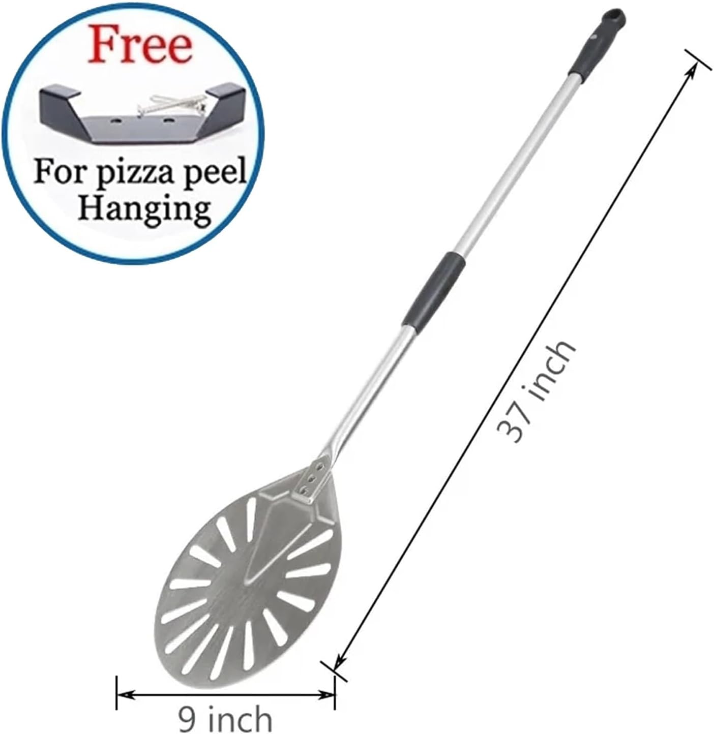 9 Inch Round Pizza Peel, 304 Stainless Steel Perforated Baked Shovel, 37/56" Detachable Long Handle, High Temperature Resistant Oven Turning, Hook Wall Rack(37inch)