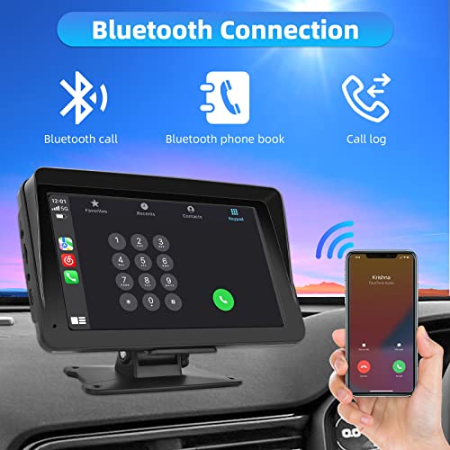 Camecho Wireless Carplay & Android Auto, Portable 7 Inch Touchscreen Car Stereo with Airplay, Bluetooth Handsfree, Mirror Link, Voice Control, AUX/FM Transmitter, Dash or Windshield Mount