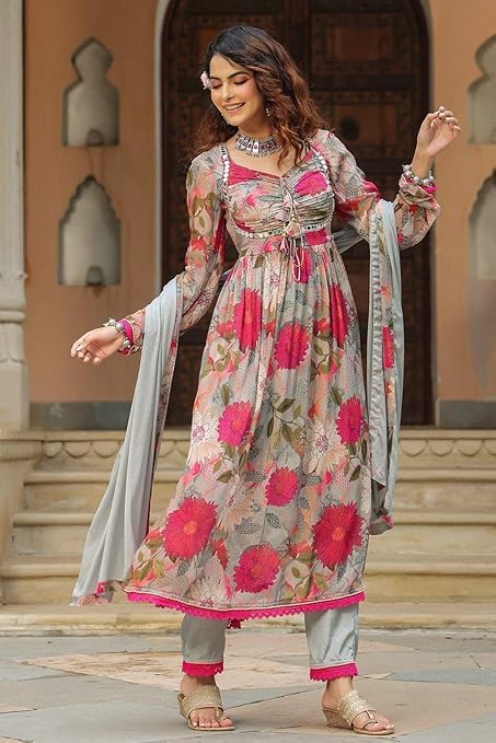 Image of KD Georgette Women's Anarkali Floral Printed Kurta Pant Set with Dupatta Kurta Kurti for Women