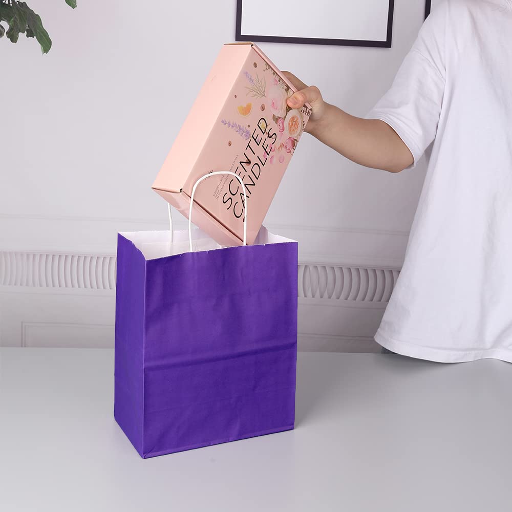 Oikss 100 Pack 8x4.75x10 Inch Medium Purple Kraft Paper Bags with Handles Bulk for Birthday Wedding Party Favors Grocery Retail Shopping Business Takeout Goody Craft Gift Bags Sacks, (100pcs Count)