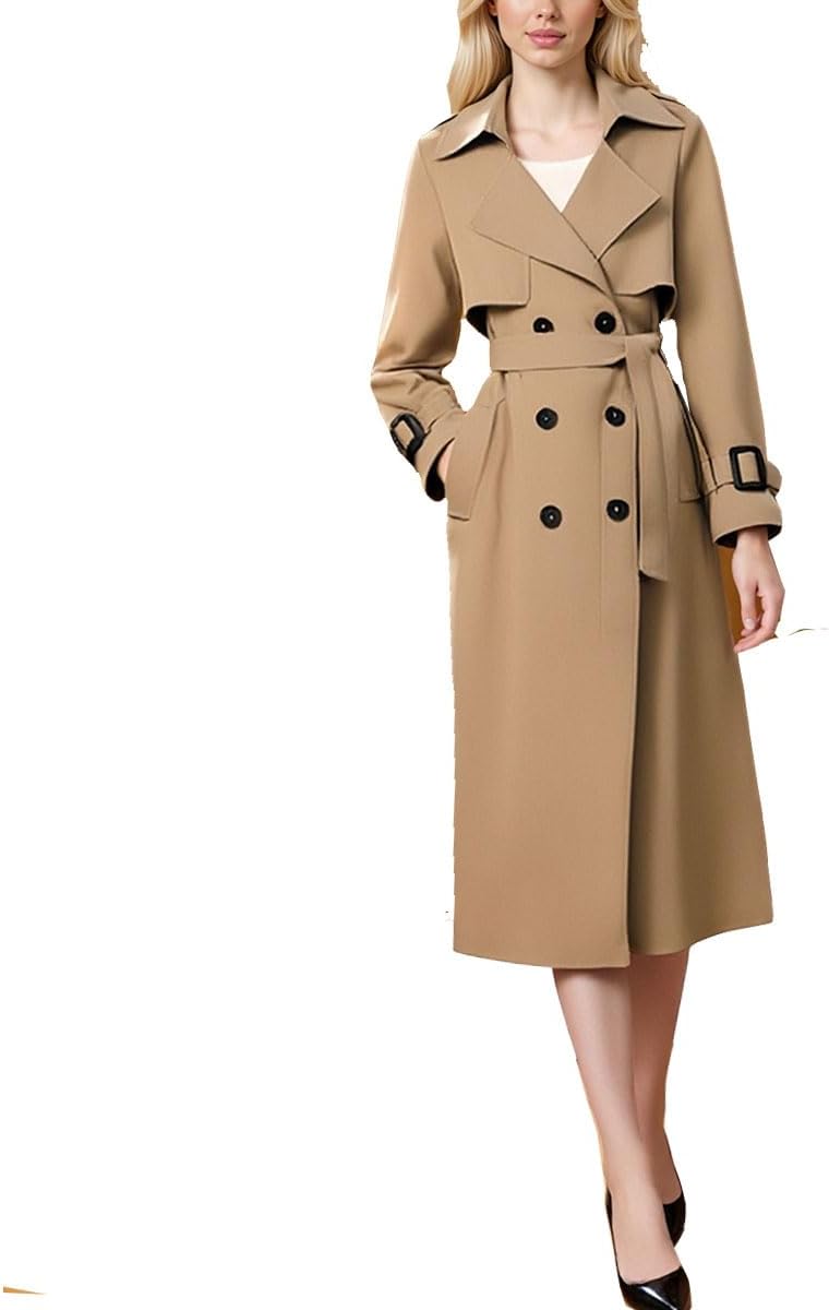 Women's Double Breasted Trench Coat Long Dress Jacket Classic Mid-Length Belted Lapel Overcoat
