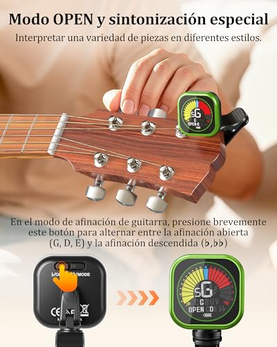 Image of New Bee Guitar Tuner Clip-On Rechargeable with Color Screen 360 Rotatable Acoustic Chromatic Open Tuning for Guitar, Bass, Ukulele, Violin (Green, 1 Pack)