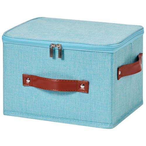 Image of Storage Bin Box with Zippered Lid Cotton Linen Fabric Decorative Basket with PU Leather Handles PP Plastic Board Foldable Lidded Clothing Shelf Closet Organizer Container (Blue, Small)