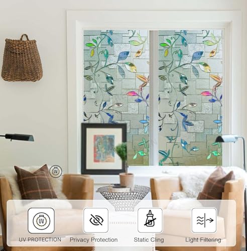 Image of CREON Frosted Window Self Adhesive Privacy Glass Film Decorative Window Sticker for Glass Door, Bathroom, Home, Window (Leaf RANIBOW, 24X108 in)