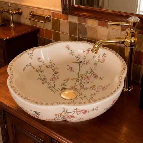 Lavabo moderne en céramique blanche pour salle de bain en forme de fleur, avec motif floral et oiseau, 1 pièce