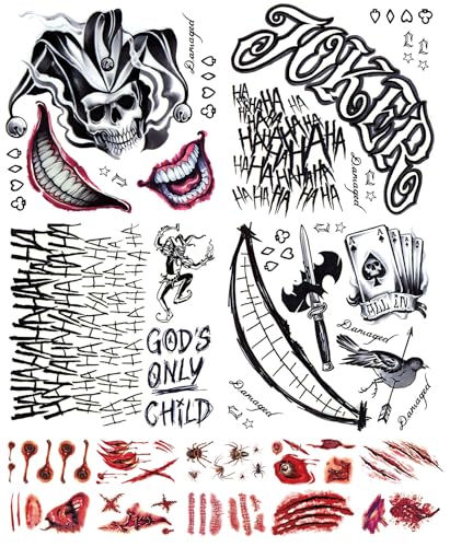 Joker Tattoos Temporary Halloween - 14 Sheets Temporary Tattoos for Men Fake Tattoo Stickers Joker Costume Masquerade Cosplay Party Accessories Makeup Waterproof