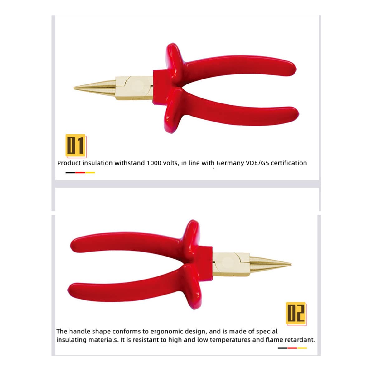 WEDO Alicates de punta redonda de 15 cm de longitud, aislados sin chispas, alicates de seguridad VDE 1000 V, bronce de aluminio, estructura de una sola cabeza, estándar DIN