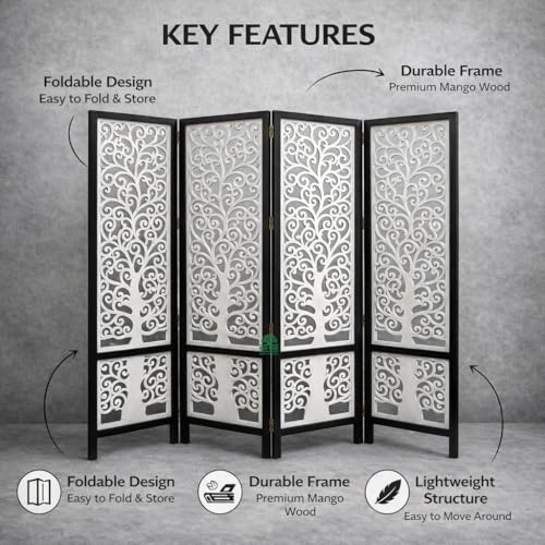 Image of Wooden Room Divider 6 Feet, 4-Panel Folding Wooden Partition for Living Room, Office, Pooja Room, Restaurant, Kitchen & Balcony (2W x 1.82H Meters). (White Black Border)