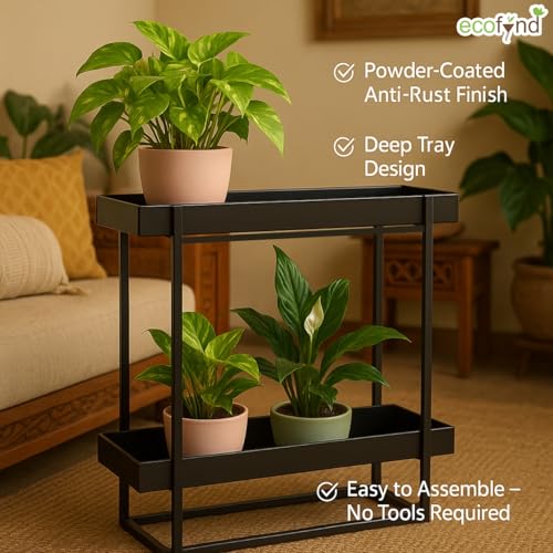 Image of ecofynd Ewan Plant Stands for Outdoor Balcony, Flower Pot Stand for Indoor Plants, Metal Planter Stand for Living Room, home decor, Indoor & Outdoor plants, 2 Tier, (PS046-BLK)