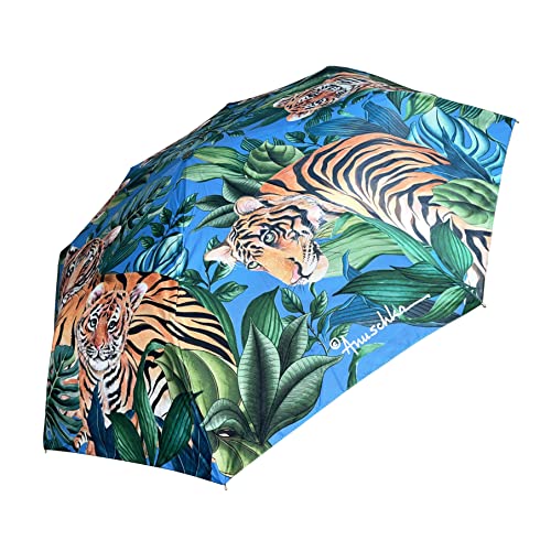 Anuschka Umbrella Auto Open/Close - Upf 50+ Max Sun Protection - 38” Waterproof Canopy - Fits In Handbag - Windproof Flexible Fiberglass - Tiger Family #TOP1