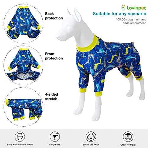 LovinPet Large Dog Pj - Pet Anxiety Calming Shirt, Dog Jammies for After Surgery, Lightweight Fabric, Blue Dragon Print, Pitbull Clothes, Long-Sleeved 4 Leg Style Pullover Dog Onesie, Dark Blue XL #2