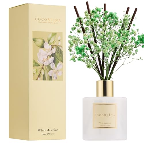 Image of COCORRINA Reed Diffuser - White Jasmine 6.7 Fl.oz Reed Diffuser Set with Sticks & Preserved Baby's Breath, Reed Diffuser for Home Bathroom Shelf Decor