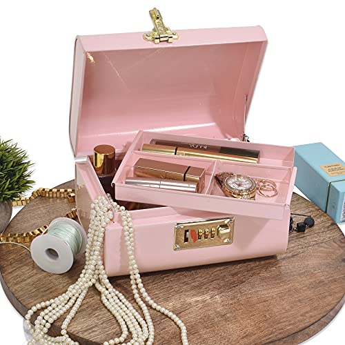 Elan Vintage Storage Metal Trunk With Jewelry Tray Inside, Trinket Storage chest with lock (Secret) (Light Pink) Rectangular