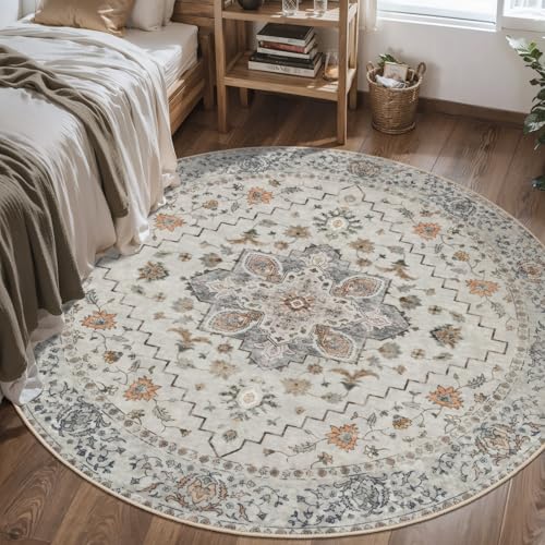Image of Tangsoo Washable Round Rug 4ft, Vintage Non Slip Small Circle Rug Grey