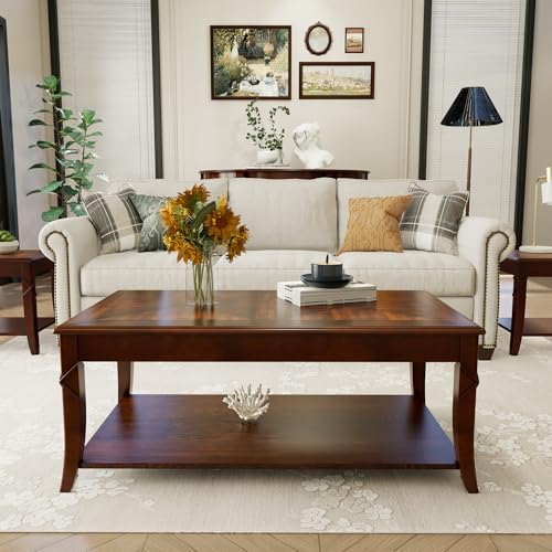LEEMTORIG Solid Wood Coffee Table for Living Room, Cherry Cocktail Table with Storage Shelf, Mid Century Queen Anne Style Coffee Tables 43.3' Wx23.6 Dx17.7 H, Easy Assembly, Cherry Brown KFZ-DR200