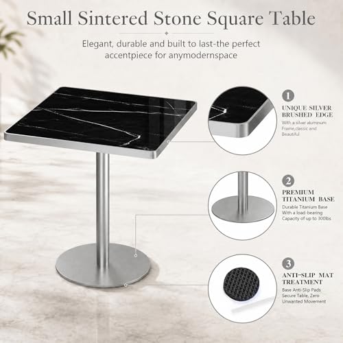 Image of 63 inch Square Dining Table, Tulip Table with 1.2 inch Thick Sintered Stone Tabletop and Silver Metal Pedestal Base, Small Square Dining Tables for Diner,Bar,Restaurant,kitchen,Bakery,Apartment (Marble Black)