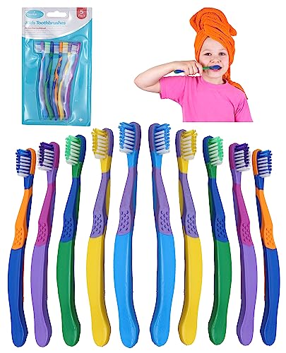10Pk - Kids Manual Toothbrushes 15.5cm, Childrens Toothbrushes, Soft and Gentle Bristles, Children Travel Tooth Brushes, Non-Toxic Travel Essentials for Kids Ages 3+Y